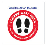 Social Distancing Floor Decals, 10.5" dia, Please Wait Here, Red/White Face, Black Graphics, 5/Pack