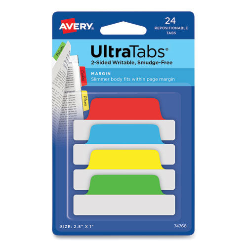 Ultra Tabs Repositionable Tabs, Margin Tabs: 2.5" x 1", 1/5-Cut, Assorted Colors, 24/Pack