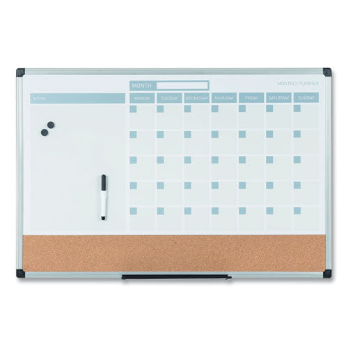 3-in-1 Planner Board, 24 x 18, Tan/White/Blue Surface, Silver Aluminum Frame