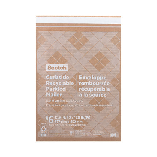 Curbside Recyclle Padded Mailer, #6, Bubble Cushion, Self-Adhesive Closure, 13.75 x 20, Natural Kraft, 50/Carton