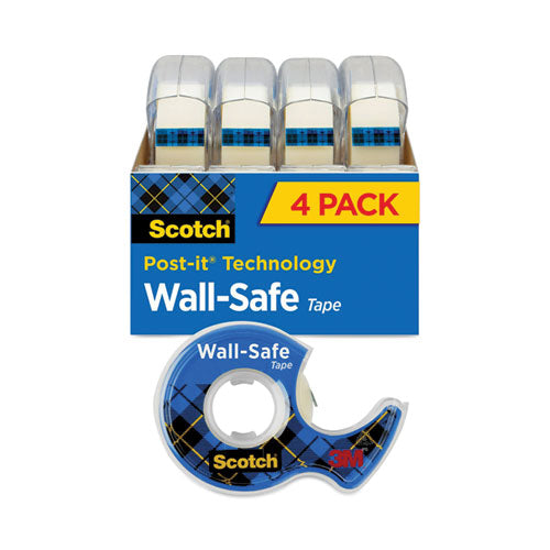 Wall-Safe Tape with Dispenser, 1" Core, 0.75" x 54.17 ft, Clear, 4/Pack