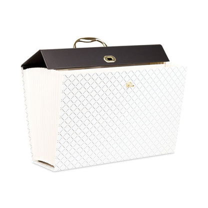 Expanding File Box, 5.25" Expansion, 19 Sections, Twist-Lock Latch Closure, 2/5-Cut Tabs, Letter Size, White/Black/Gold