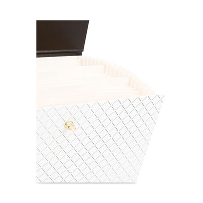Expanding File Box, 5.25" Expansion, 19 Sections, Twist-Lock Latch Closure, 2/5-Cut Tabs, Letter Size, White/Black/Gold