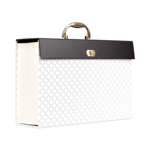 Expanding File Box, 5.25" Expansion, 19 Sections, Twist-Lock Latch Closure, 2/5-Cut Tabs, Letter Size, White/Black/Gold