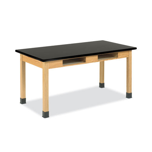 Classroom Book Compartment Science Table, 72w x 24d x 30h, Black High Pressure Laminate (HPL) Top, Oak Base