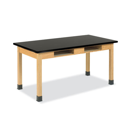 Classroom Book Compartment Science Table, 60w x 24d x 30h, Black High Pressure Laminate (HPL) Top, Oak Base