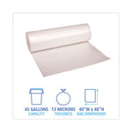 High Density Industrial Can Liners Coreless Rolls, 45 gal, 13 mic, 40 x 48, Natural, 25 Bags/Roll, 10 Rolls/Carton