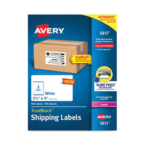 Shipping Labels with TrueBlock Technology, Laser Printers, 2.5 x 4, White, 8/Sheet, 100 Sheets/Pack