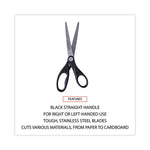 Stainless Steel Office Scissors, Pointed Tip, 7" Long, 3" Cut Length, Black Straight Handle