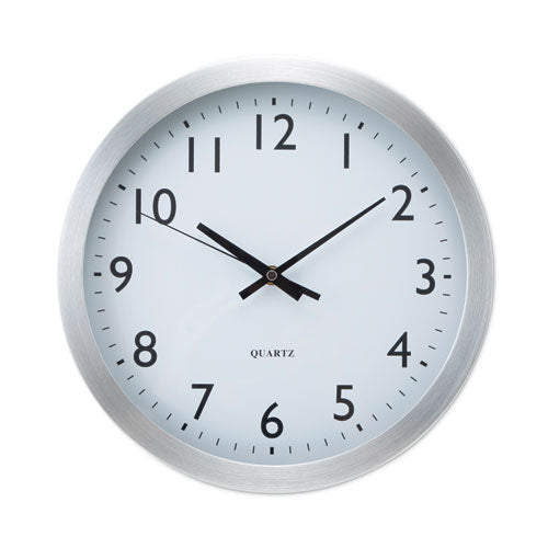 Brushed Aluminum Wall Clock, 12" Overall Diameter, Silver Case, 1 AA (sold separately)