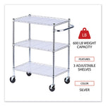 Three-Shelf Wire Cart with Liners, Metal, 3 Shelves, 600 lb Capacity, 34.5" x 18" x 40", Silver