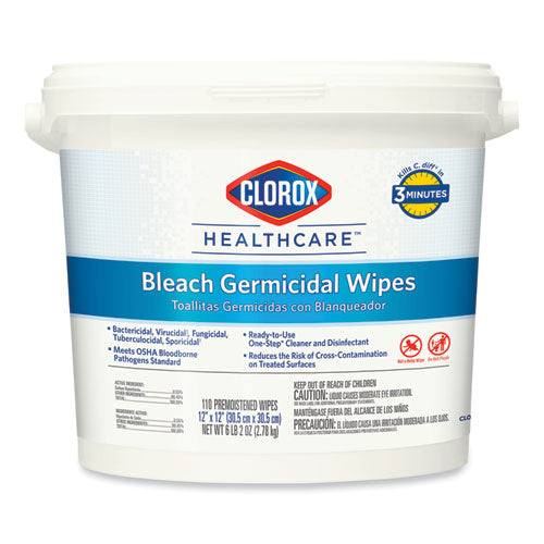 Bleach Germicidal Wipes, 1-Ply, 12 x 12, Unscented, White, 110/Bucket