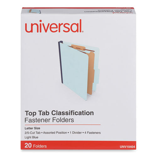 Four-Section Pressboard Classification Folders, 1.75" Expansion, 1 Divider, 4 Fasteners, Letter Size, Light Blue, 20/Box