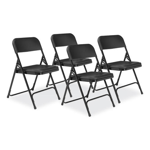 800 Series Plastic Folding Chair, Supports Up to 500 lb, 18" Seat Height, Black Seat, Black Back, Black Base, 4/Carton