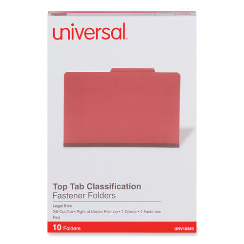 Four-Section Pressboard Classification Folders, 2" Expansion, 1 Divider, 4 Fasteners, Legal Size, Red Exterior, 10/Box