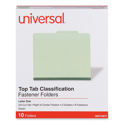 Six-Section Pressboard Classification Folders, 2" Expansion, 2 Dividers, 6 Fasteners, Letter Size, Green Exterior, 10/Box