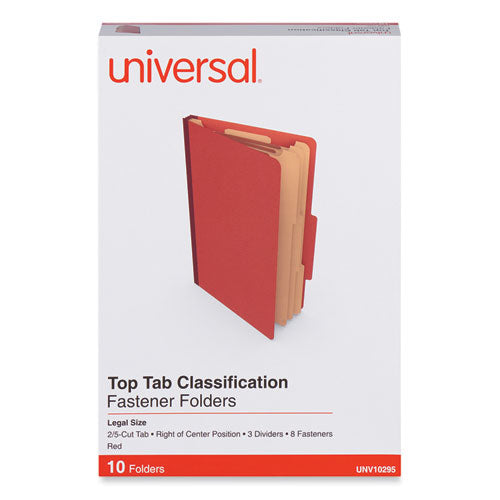 Eight-Section Pressboard Classification Folders, 3" Expansion, 3 Dividers, 8 Fasteners, Legal Size, Red Exterior, 10/Box