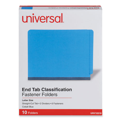 Deluxe Six-Section Pressboard End Tab Classification Folders, 2 Dividers, 6 Fasteners, Letter Size, Cobalt Blue, 10/Box