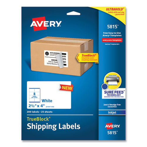 Shipping Labels with TrueBlock Technology, Inkjet Printers, 2.5 x 4, White, 8 Labels/Sheet, 25 Sheets/Pack