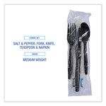 Six-Piece Cutlery Kit, Condiment/Fork/Knife/Napkin/Teaspoon, Black, 250/Carton