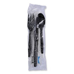 Six-Piece Cutlery Kit, Condiment/Fork/Knife/Napkin/Teaspoon, Black, 250/Carton