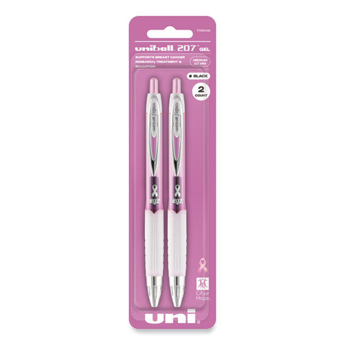 Signo 207 Gel Pen, Retractable, Medium 0.7 mm, Black Ink, Translucent Pink/Translucent White Barrel, 2/Pack