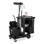 Executive Janitorial Cleaning Cart, Plastic, 4 Shelves, 1 Bin, 12.1" x 22.4" x 23", Black