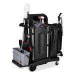 Executive High Security Janitorial Cleaning Cart, Plastic, 4 Shelves, 1 Bin, 23.1" x 39.6" x 27.5", Black