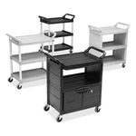 Utility Cart with Locking Doors, Plastic, 3 Shelves, 200 lb Capacity, 33.63" x 18.63" x 37.75", Black