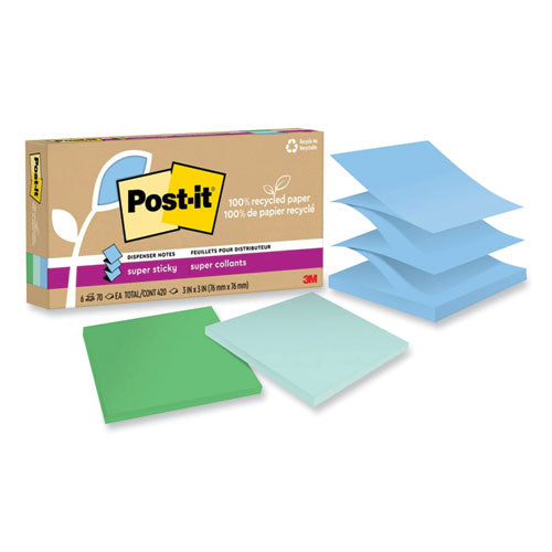 100% Recycled Paper Super Sticky Notes, 3" x 3", Oasis, 70 Sheets/Pad, 6 Pads/Pack