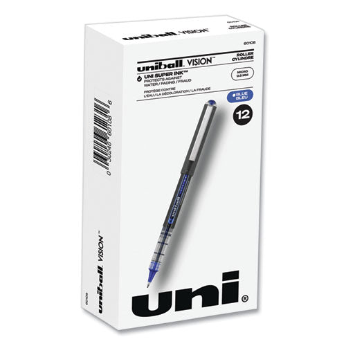 VISION Roller Ball Pen, Stick, Extra-Fine 0.5 mm, Blue Ink, Gray/Blue/Clear Barrel, Dozen