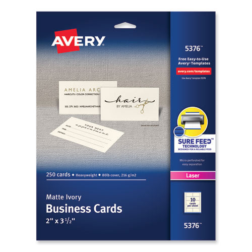 Printable Microperforated Business Cards w/Sure Feed Technology, Laser, 2 x 3.5, Ivory, 250 Cards, 10/Sheet, 25 Sheets/Pack