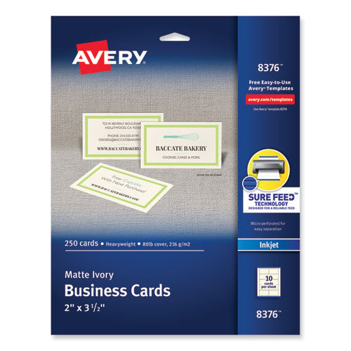 Printable Microperforated Business Cards w/Sure Feed Technology, Inkjet, 2 x 3.5, Ivory, 250 Cards, 10/Sheet, 25 Sheets/Pack