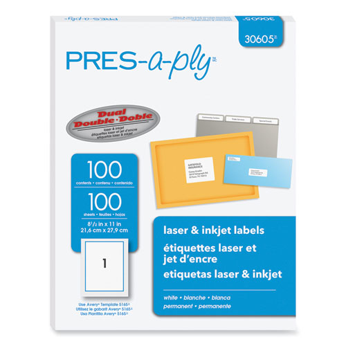 Labels, Laser Printers, 8.5 x 11, White, 100/Box