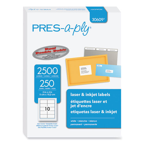 Lels, Laser Printers, 2 x 4, White, 10/Sheet, 250 Sheets/Box