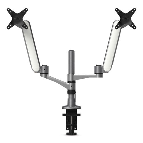 Multi-Directional Dual Monitor Arm, For 30" Monitors, 360 Deg Rotation, 105 Deg Tilt, 360 Deg Pan, Silver/WH, Supports 20 lbs