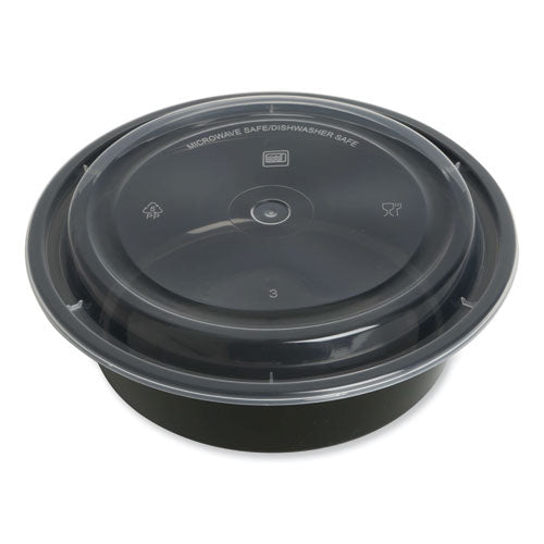 Microwavable Food Container with Lid, Round, 32 oz, 7.28 x 7.28 x 2.55, Black/Clear, Plastic, 150/Carton