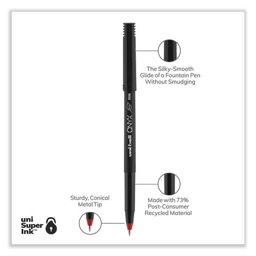 ONYX Roller Ball Pen, Stick, Extra-Fine 0.5 mm, Red Ink, Black/Red Barrel, Dozen