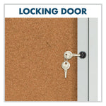 Enclosed Indoor Cork Bulletin Board with Two Hinged Doors, 48 x 36, Tan Surface, Silver Aluminum Frame