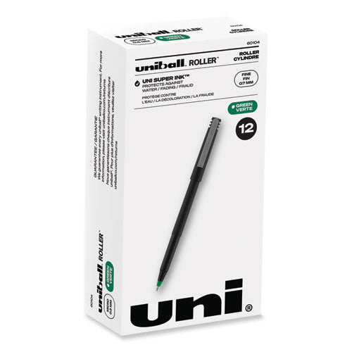 Roller Ball Pen, Stick, Fine 0.7 mm, Green Ink, Black/Green Barrel, Dozen