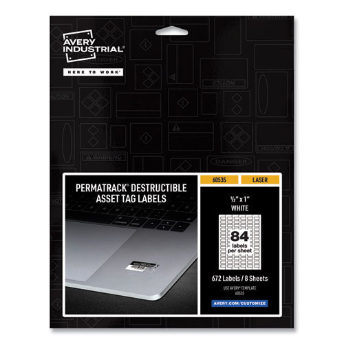 PermaTrack Destructible Asset Tag Labels, Laser Printers, 0.5 x 1, White, 84/Sheet, 8 Sheets/Pack