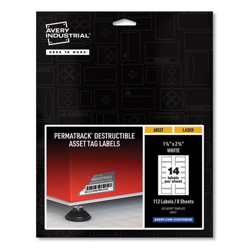 PermaTrack Destructible Asset Tag Labels, Laser Printers, 1.25 x 2.75, White, 14/Sheet, 8 Sheets/Pack