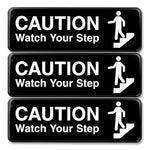 Caution Watch Your Step Indoor/Outdoor Wall Sign, 9" x 3", Black Face, White Graphics, 3/Pack