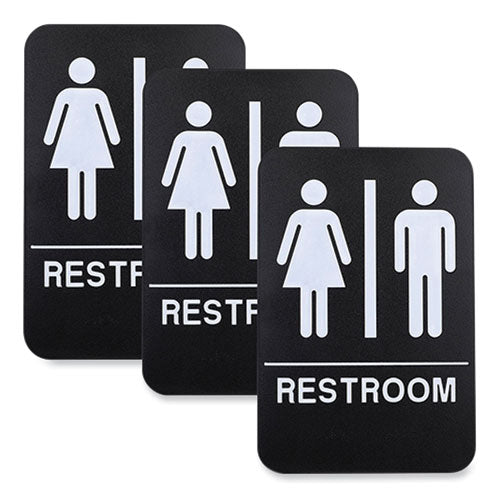 Indoor/Outdoor Restroom with Braille Text, 6" x 9", Black Face, White Graphics, 3/Pack