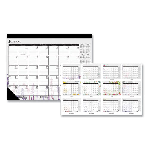 Recycled Desk Pad Calendar, Wild Flowers Artwork, 22 x 17, White Sheets, Black Binding/Corners,12-Month (Jan-Dec): 2024