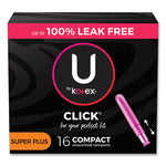 U by Kotex Click Compact Tampons, Super Plus Absorbency, 16/Pack, 8 Packs/Carton