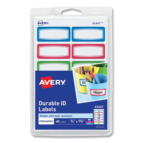 Avery Kids Handwritten Identification Labels, 1.75 x 0.75, Border Colors: Blue, Green, Red, 12 Labels/Sheet, 5 Sheets/Pack