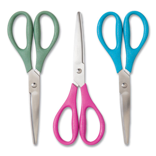 U-Eco Scissors, Concave Tip, 9.45" Long, 3" Cut Length, Assorted Straight Handle, 3/Pack