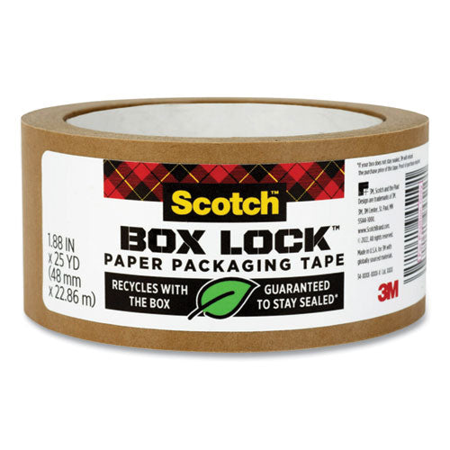 Box Lock Paper Packaging Tape, 3" Core, 1.88" x 25 yds, Brown