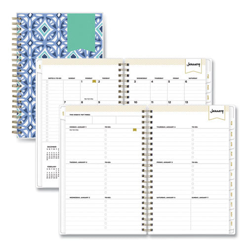 Day Designer Tile Weekly/Monthly Planner, Tile Artwork, 8 x 5, Blue/White Cover, 12-Month (Jan to Dec): 2024
